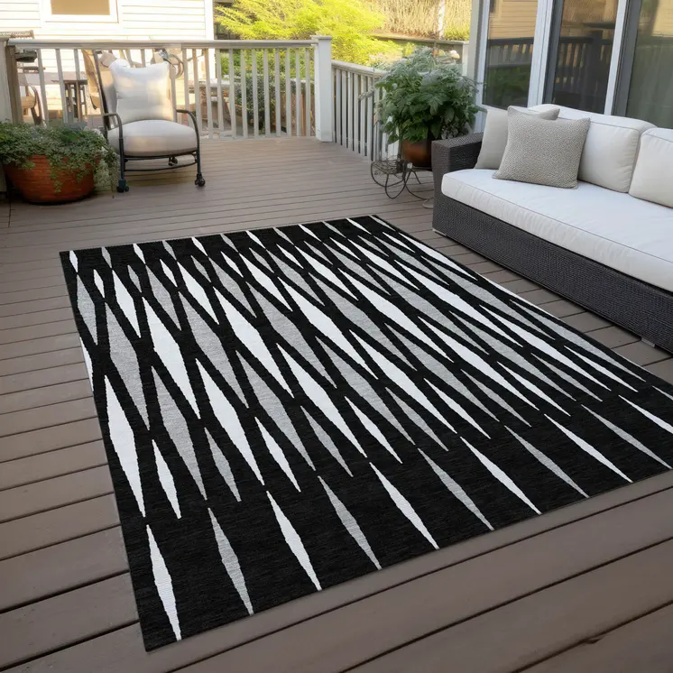 9' X 12' Black Ivory And Gray Geometric Washable Indoor Outdoor Area Rug