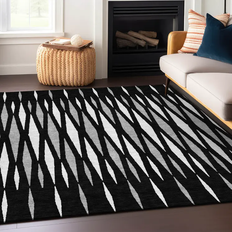 9' X 12' Black Ivory And Gray Geometric Washable Indoor Outdoor Area Rug