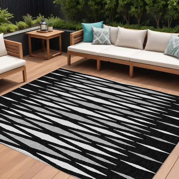 10' X 14' Black Ivory And Gray Geometric Washable Indoor Outdoor Area Rug