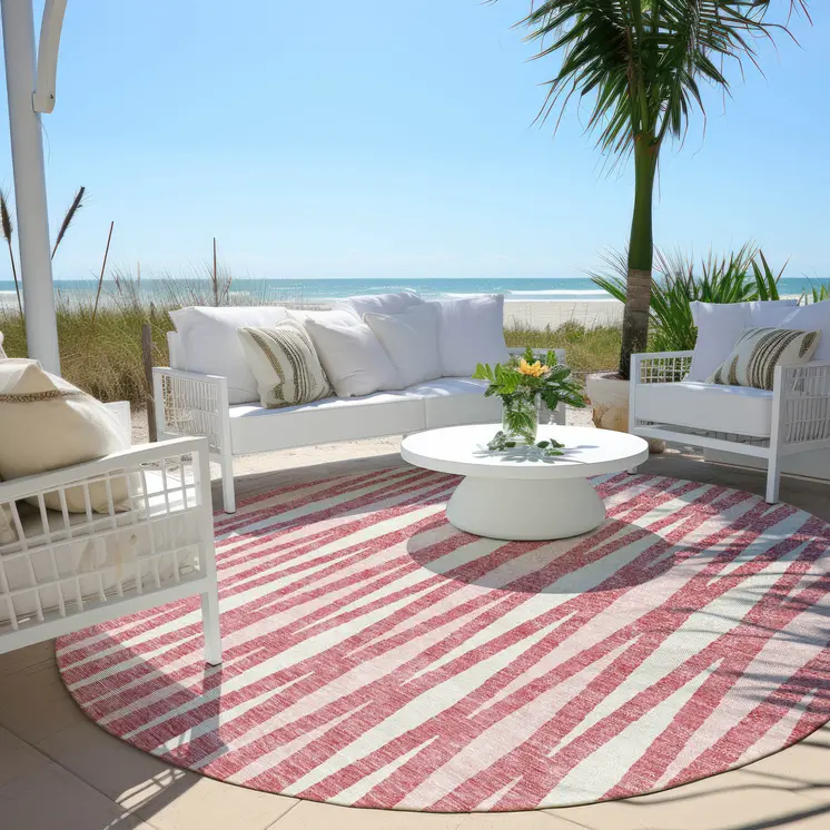 8' Blush And Ivory Round Geometric Washable Indoor Outdoor Area Rug