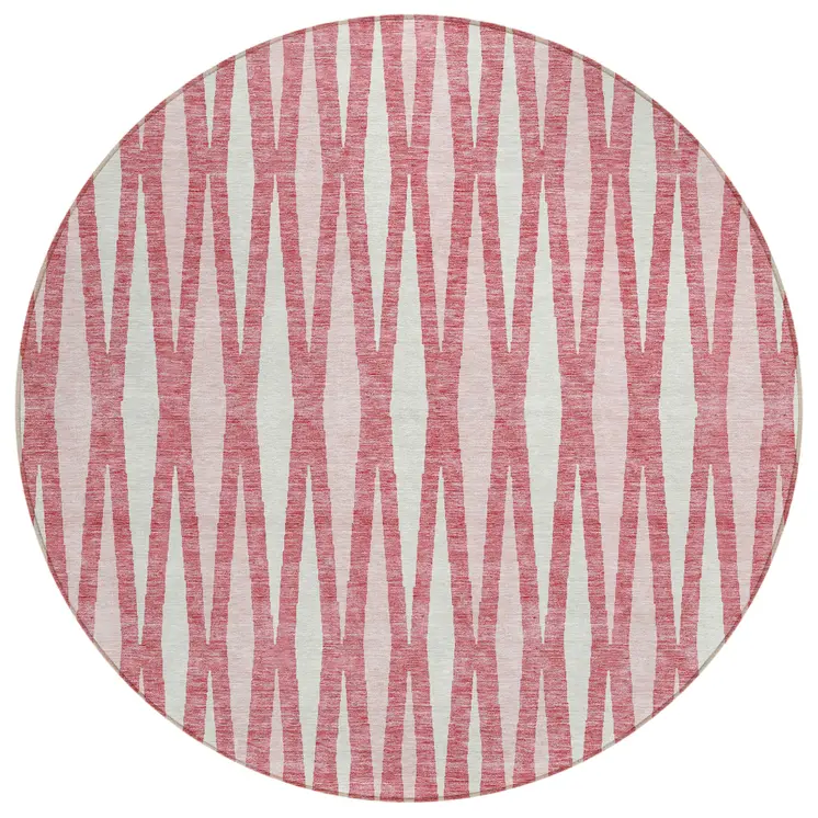 8' Blush And Ivory Round Geometric Washable Indoor Outdoor Area Rug
