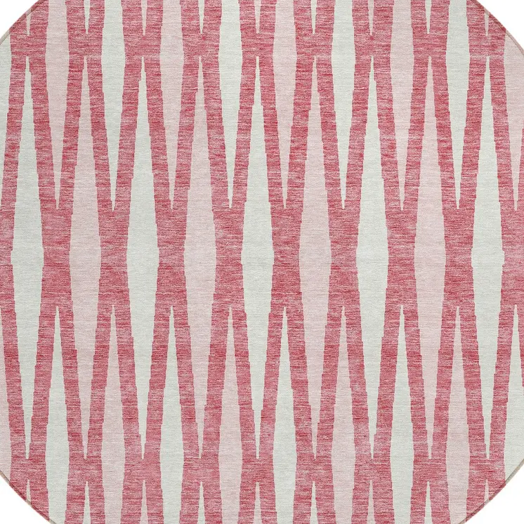 8' Blush And Ivory Round Geometric Washable Indoor Outdoor Area Rug