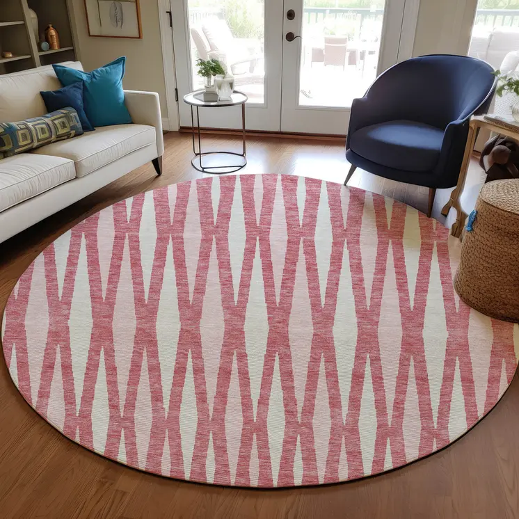 8' Blush And Ivory Round Geometric Washable Indoor Outdoor Area Rug