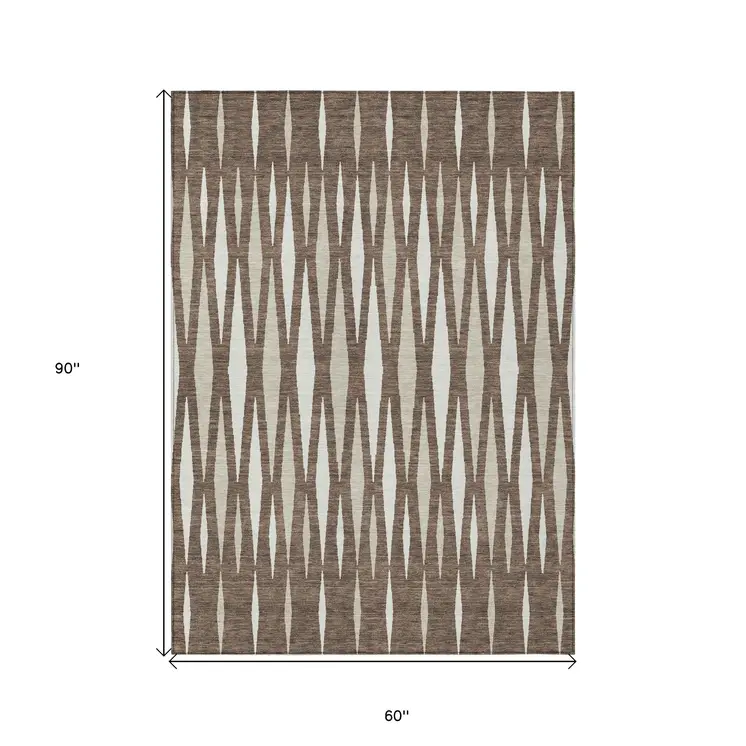 5' X 8' Brown And Ivory Geometric Washable Indoor Outdoor Area Rug