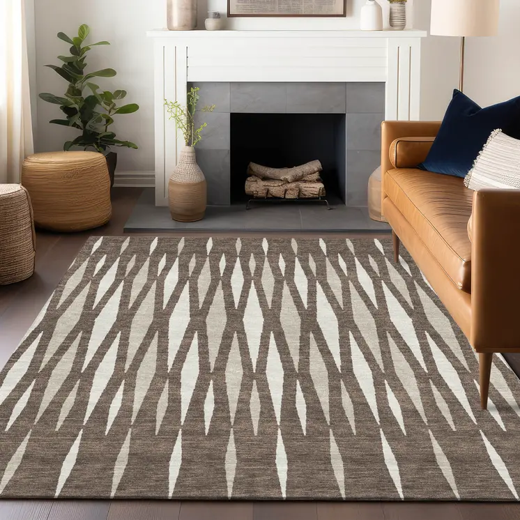 5' X 8' Brown And Ivory Geometric Washable Indoor Outdoor Area Rug