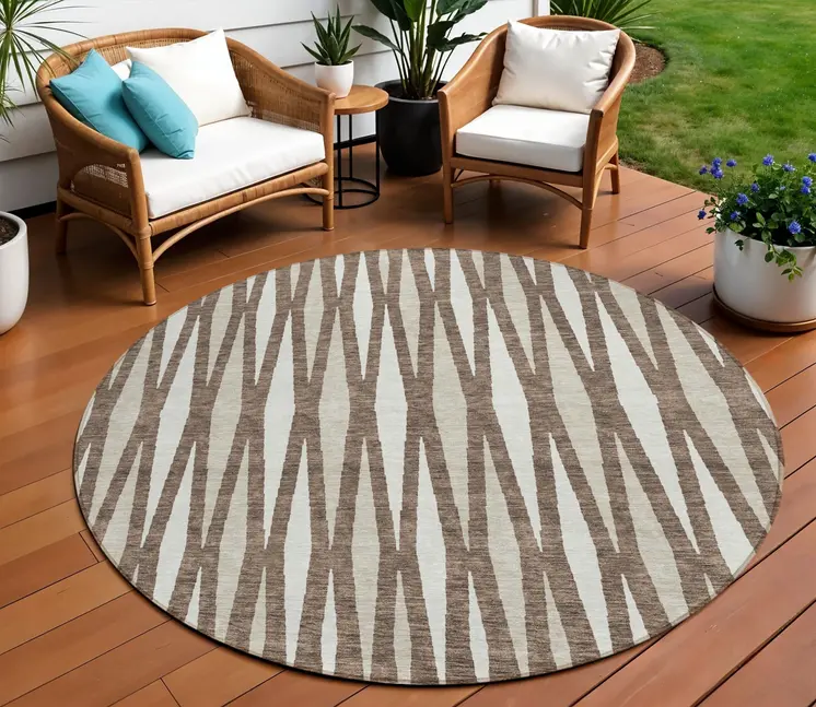 8' Brown And Ivory Round Geometric Washable Indoor Outdoor Area Rug