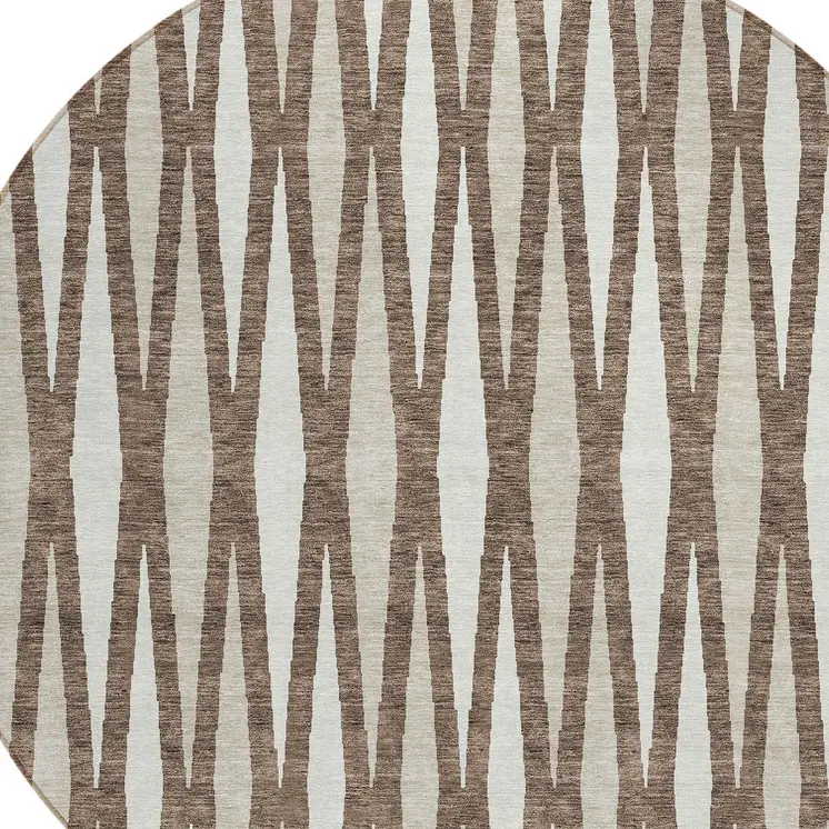 8' Brown And Ivory Round Geometric Washable Indoor Outdoor Area Rug