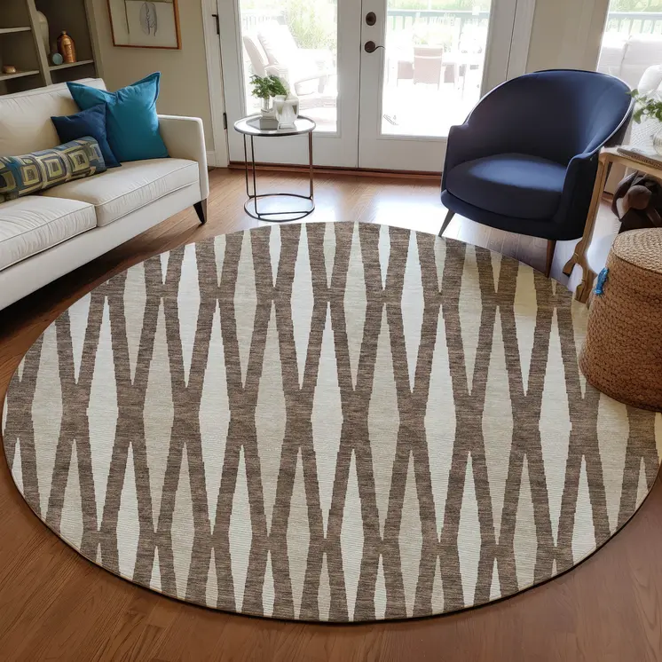 8' Brown And Ivory Round Geometric Washable Indoor Outdoor Area Rug