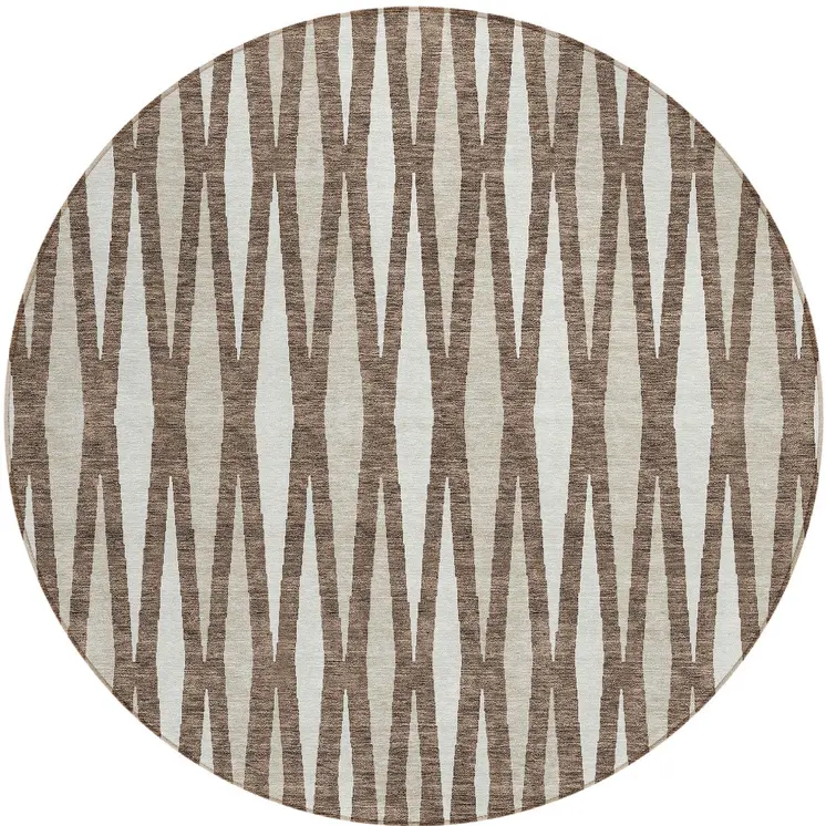 8' Brown And Ivory Round Geometric Washable Indoor Outdoor Area Rug