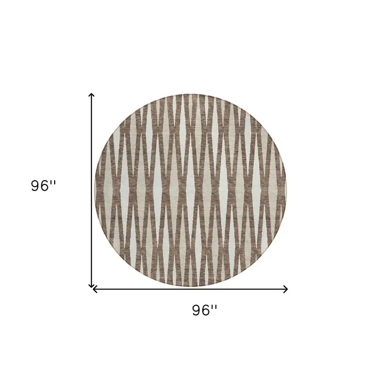 8' Brown And Ivory Round Geometric Washable Indoor Outdoor Area Rug