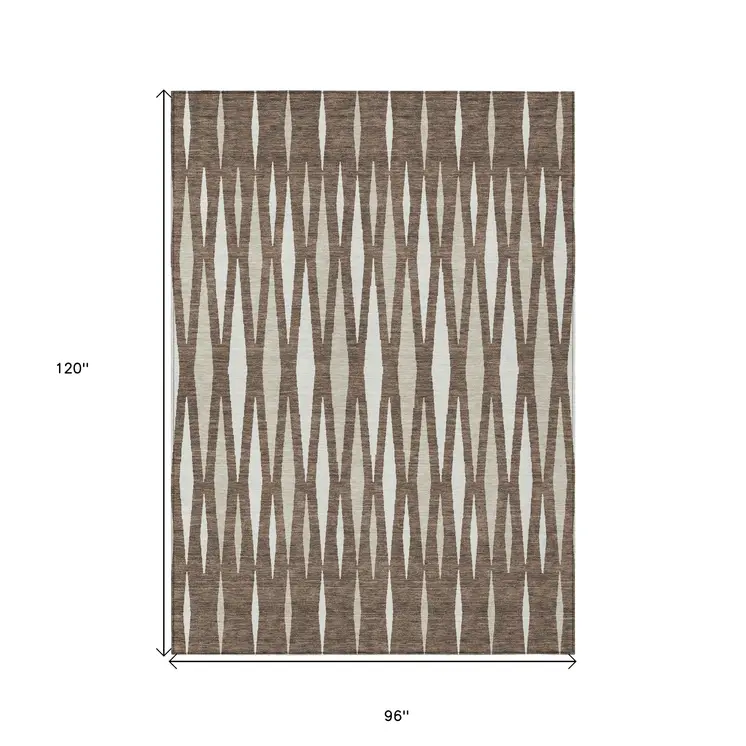 8' X 10' Brown And Ivory Geometric Washable Indoor Outdoor Area Rug
