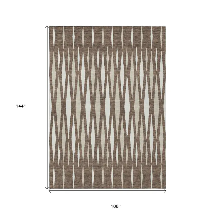 9' X 12' Brown And Ivory Geometric Washable Indoor Outdoor Area Rug