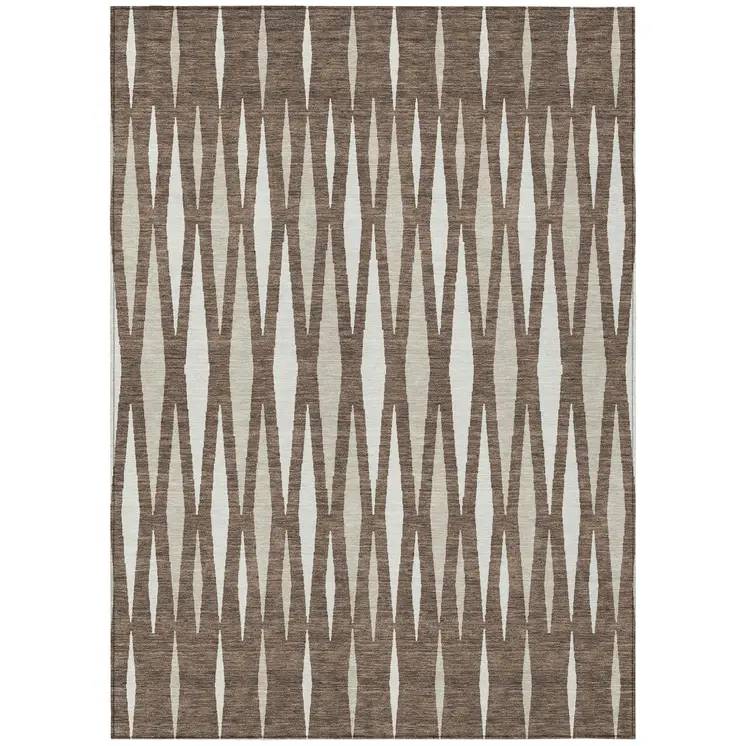 10' X 14' Brown And Ivory Geometric Washable Indoor Outdoor Area Rug