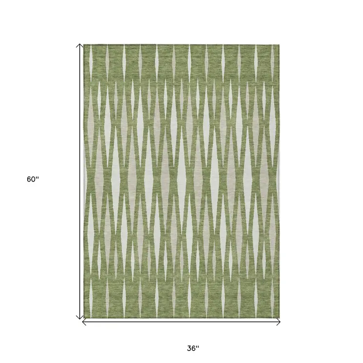 3' X 5' Green And Ivory Geometric Washable Indoor Outdoor Area Rug