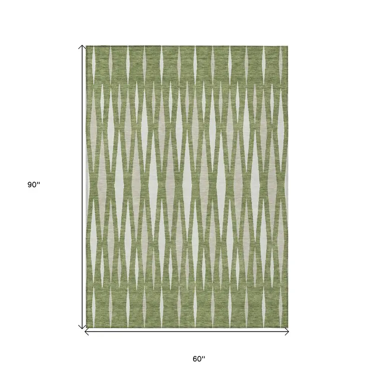 5' X 8' Green And Ivory Geometric Washable Indoor Outdoor Area Rug