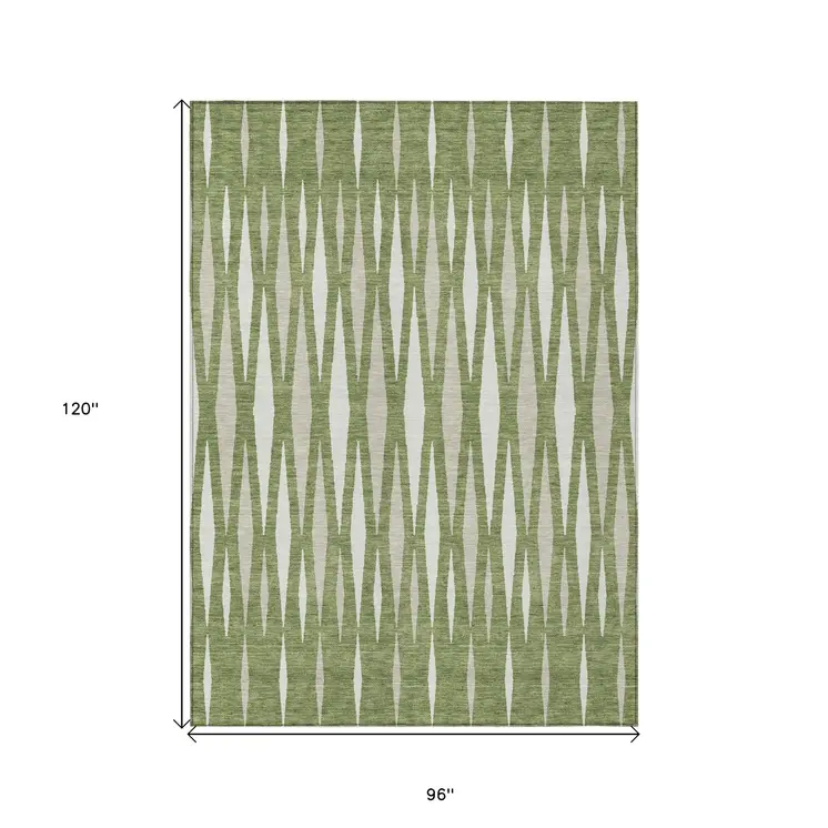 8' X 10' Green And Ivory Geometric Washable Indoor Outdoor Area Rug