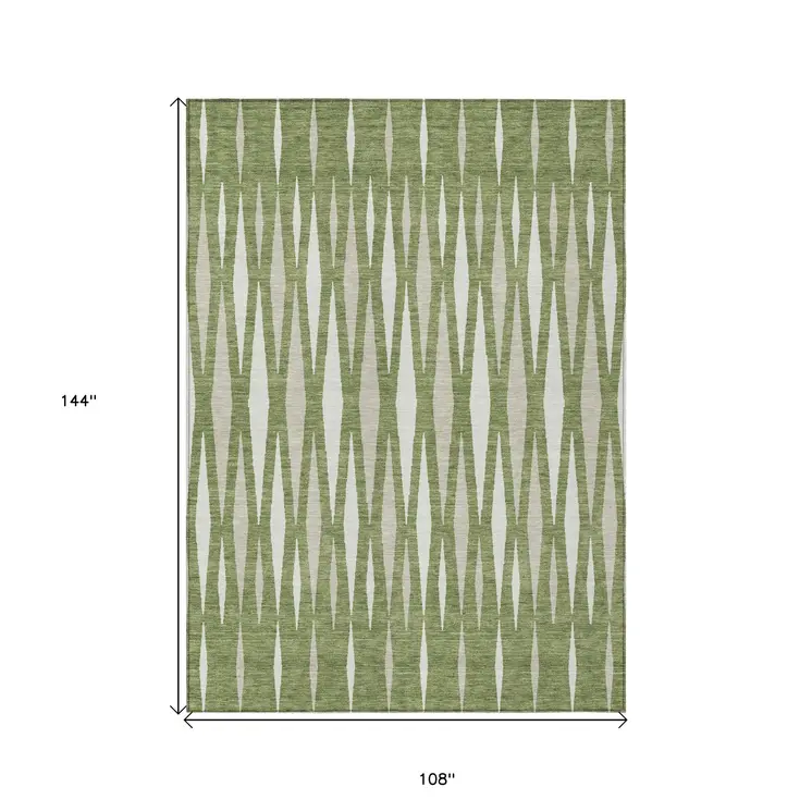 9' X 12' Green And Ivory Geometric Washable Indoor Outdoor Area Rug