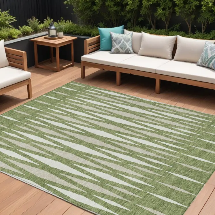 9' X 12' Green And Ivory Geometric Washable Indoor Outdoor Area Rug