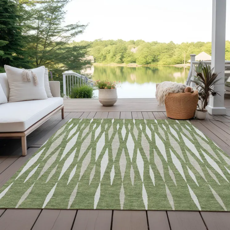9' X 12' Green And Ivory Geometric Washable Indoor Outdoor Area Rug