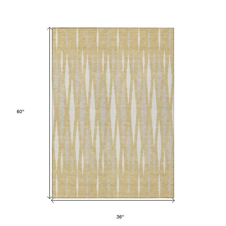 3' X 5' Gold Gray And Ivory Geometric Washable Indoor Outdoor Area Rug