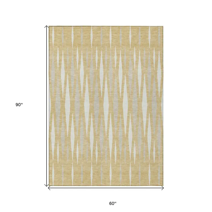 5' X 8' Gold Gray And Ivory Geometric Washable Indoor Outdoor Area Rug