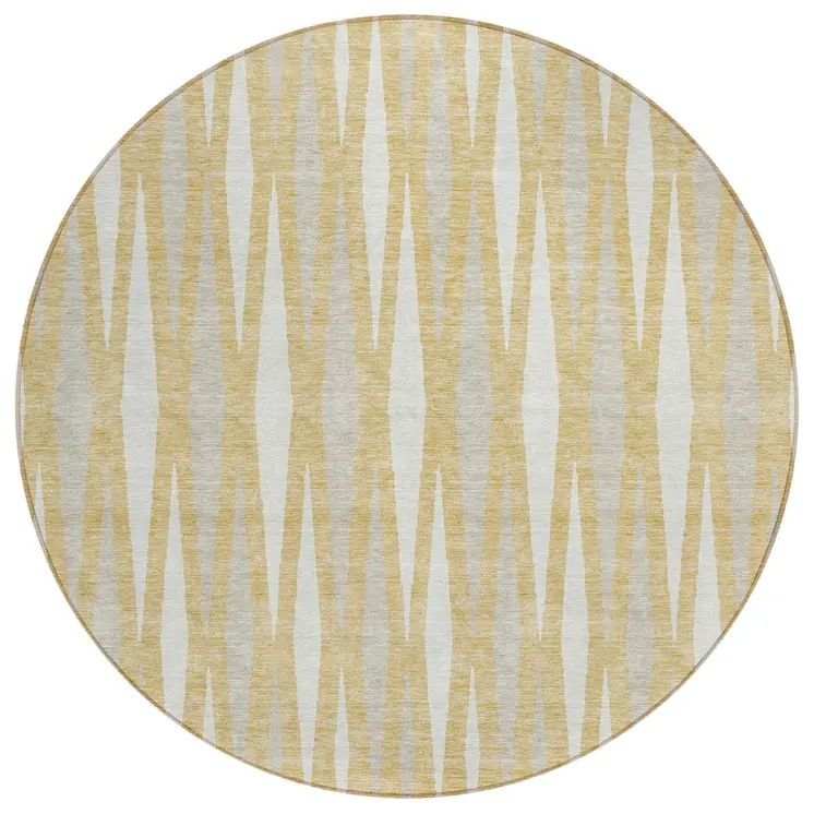 8' Gold Gray And Ivory Round Geometric Washable Indoor Outdoor Area Rug