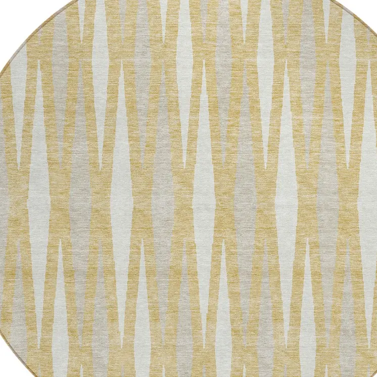 8' Gold Gray And Ivory Round Geometric Washable Indoor Outdoor Area Rug