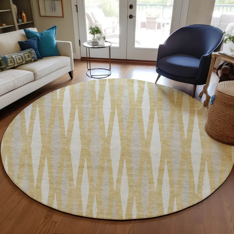 8' Gold Gray And Ivory Round Geometric Washable Indoor Outdoor Area Rug