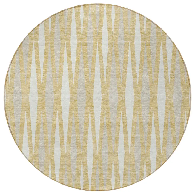 8' Gold Gray And Ivory Round Geometric Washable Indoor Outdoor Area Rug