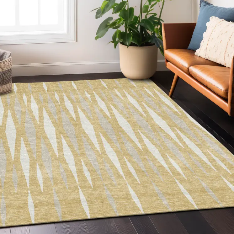 9' X 12' Gold Gray And Ivory Geometric Washable Indoor Outdoor Area Rug