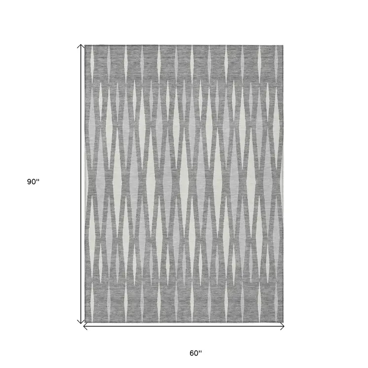 5' X 8' Gray And Ivory Geometric Washable Indoor Outdoor Area Rug
