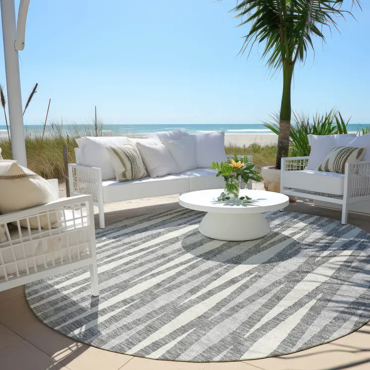 8' Gray And Ivory Round Geometric Washable Indoor Outdoor Area Rug