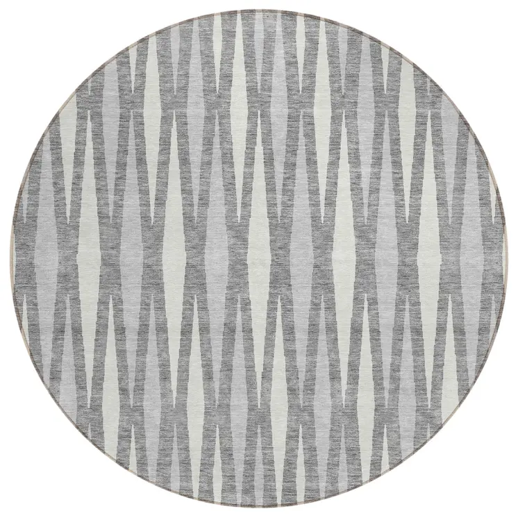 8' Gray And Ivory Round Geometric Washable Indoor Outdoor Area Rug