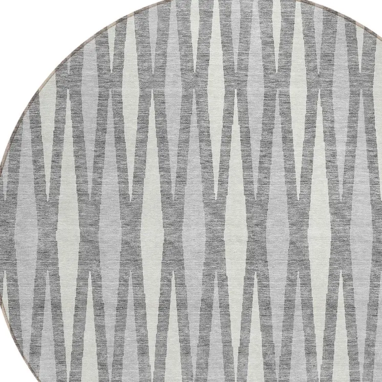 8' Gray And Ivory Round Geometric Washable Indoor Outdoor Area Rug