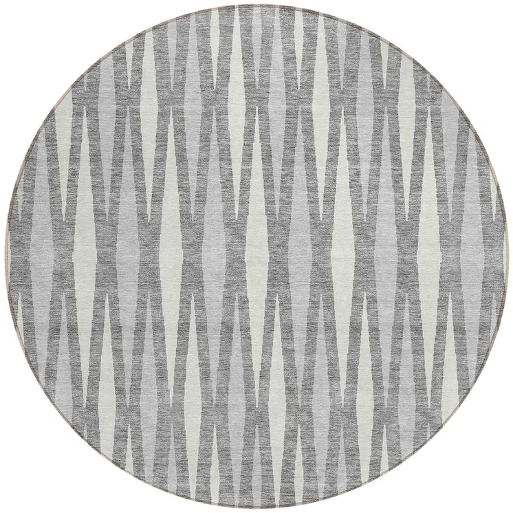 8' Gray And Ivory Round Geometric Washable Indoor Outdoor Area Rug