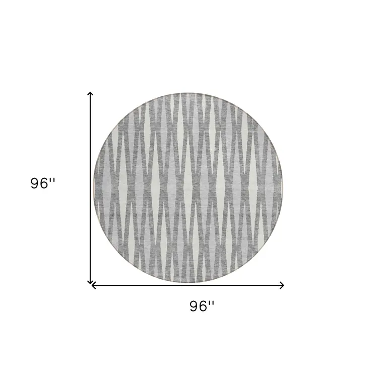 8' Gray And Ivory Round Geometric Washable Indoor Outdoor Area Rug