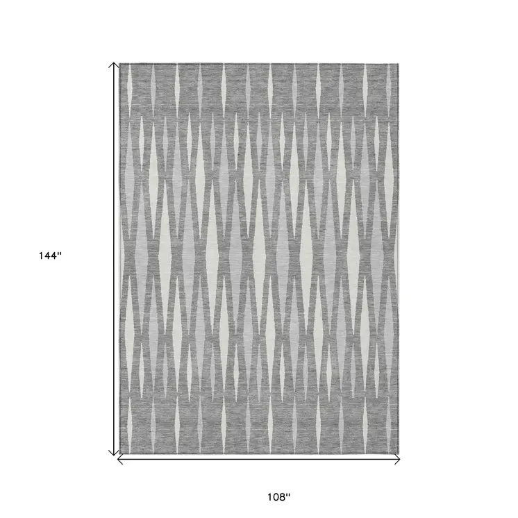 9' X 12' Gray And Ivory Geometric Washable Indoor Outdoor Area Rug