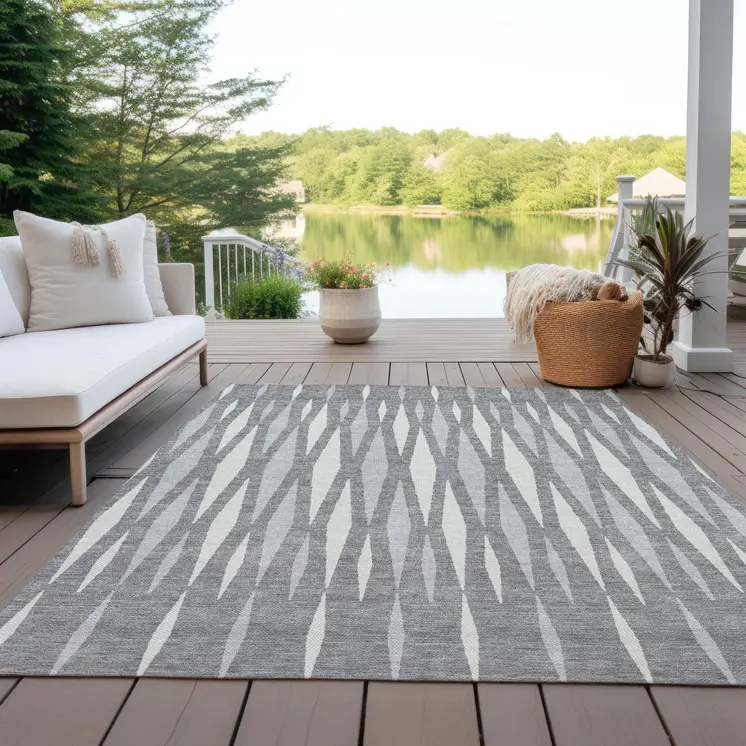 9' X 12' Gray And Ivory Geometric Washable Indoor Outdoor Area Rug