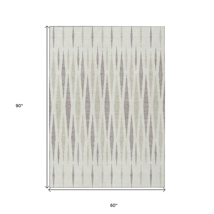 5' X 8' Ivory Brown And Beige Geometric Washable Indoor Outdoor Area Rug