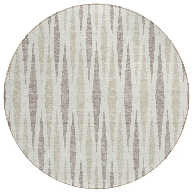 8' Ivory Brown And Beige Round Geometric Washable Indoor Outdoor Area Rug