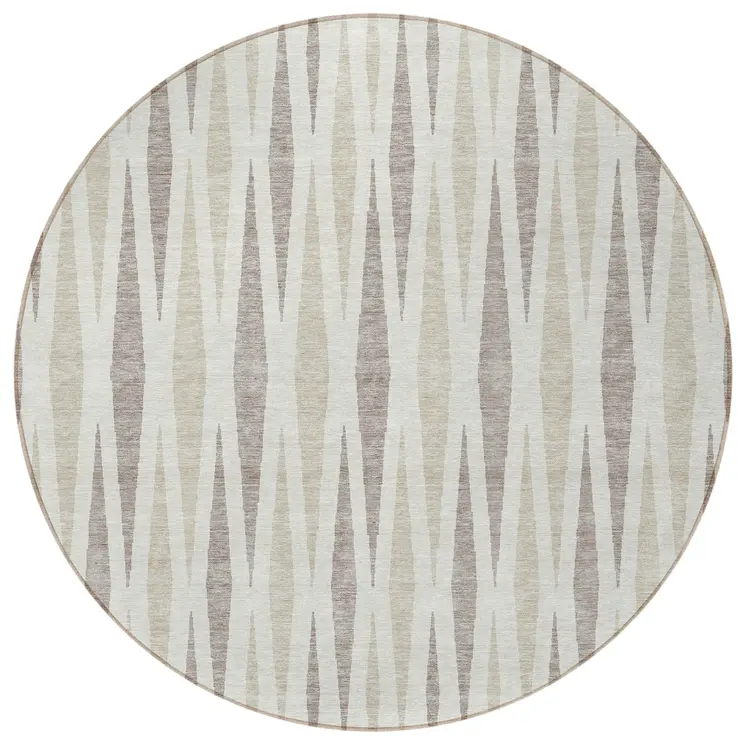 8' Ivory Brown And Beige Round Geometric Washable Indoor Outdoor Area Rug