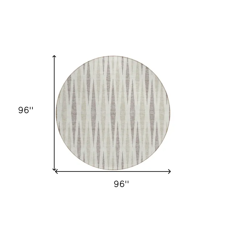 8' Ivory Brown And Beige Round Geometric Washable Indoor Outdoor Area Rug