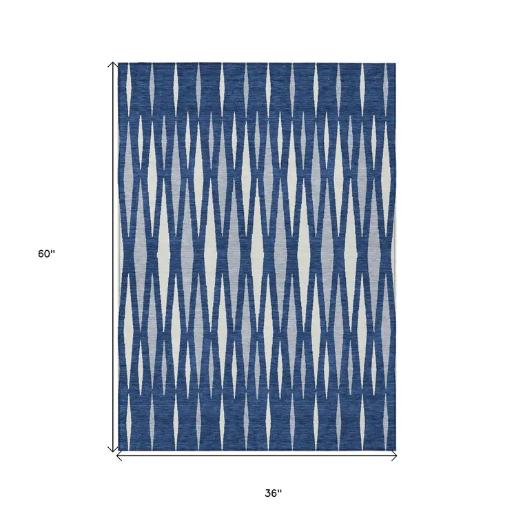 3' X 5' Navy Blue Gray And Ivory Geometric Washable Indoor Outdoor Area Rug