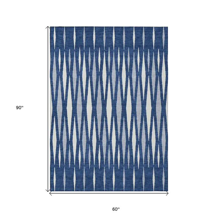 5' X 8' Navy Blue Gray And Ivory Geometric Washable Indoor Outdoor Area Rug
