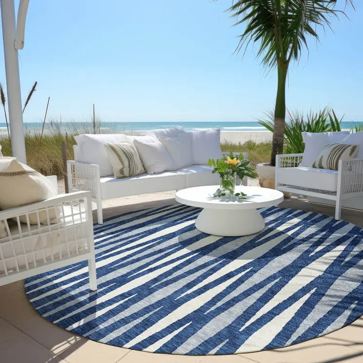 8' Navy Blue Gray And Ivory Round Geometric Washable Indoor Outdoor Area Rug