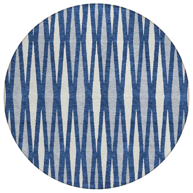 8' Navy Blue Gray And Ivory Round Geometric Washable Indoor Outdoor Area Rug