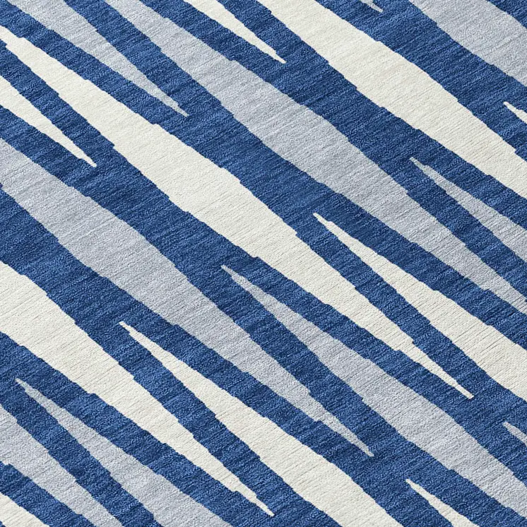 8' Navy Blue Gray And Ivory Round Geometric Washable Indoor Outdoor Area Rug