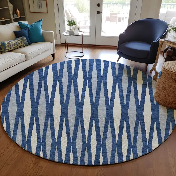 8' Navy Blue Gray And Ivory Round Geometric Washable Indoor Outdoor Area Rug