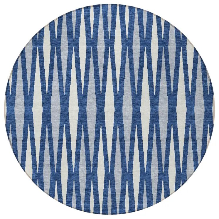8' Navy Blue Gray And Ivory Round Geometric Washable Indoor Outdoor Area Rug