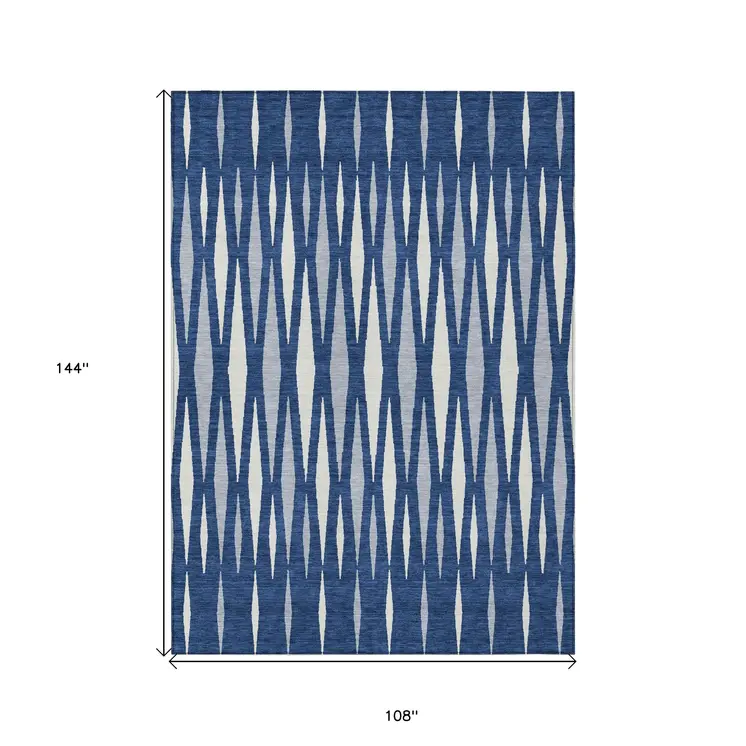 9' X 12' Navy Blue Gray And Ivory Geometric Washable Indoor Outdoor Area Rug
